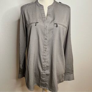 Calvin Klein Women Blouse M Silver Button Up Long Sleeve Button Roll Up Sleeves